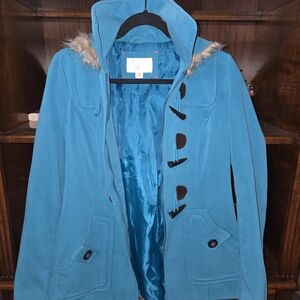Xhilaration Turquoise Pea Coat with Faux Fur Trim